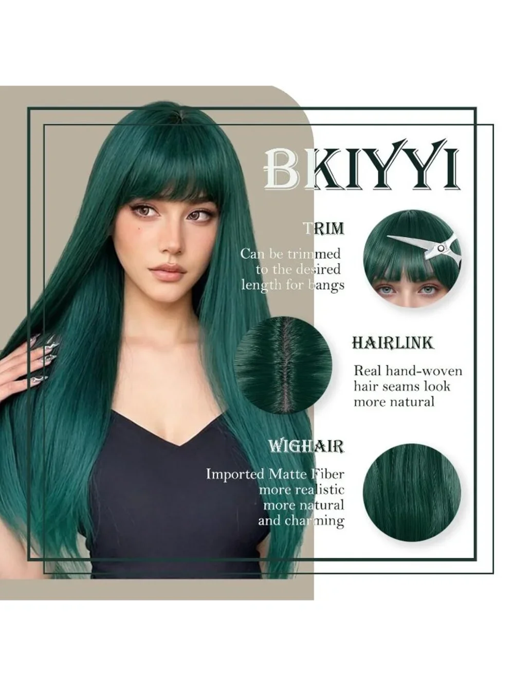 Women's Green 24 Inch Heat Resistant Synthetic Long Straight Bangs Wig